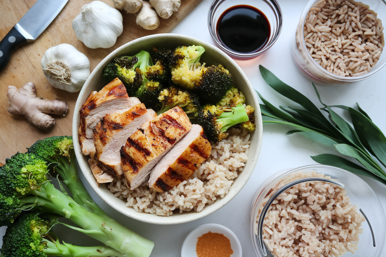 Overhead shot of a healthy meal prep scene with teriyaki chicken bowl and fresh ingredients.