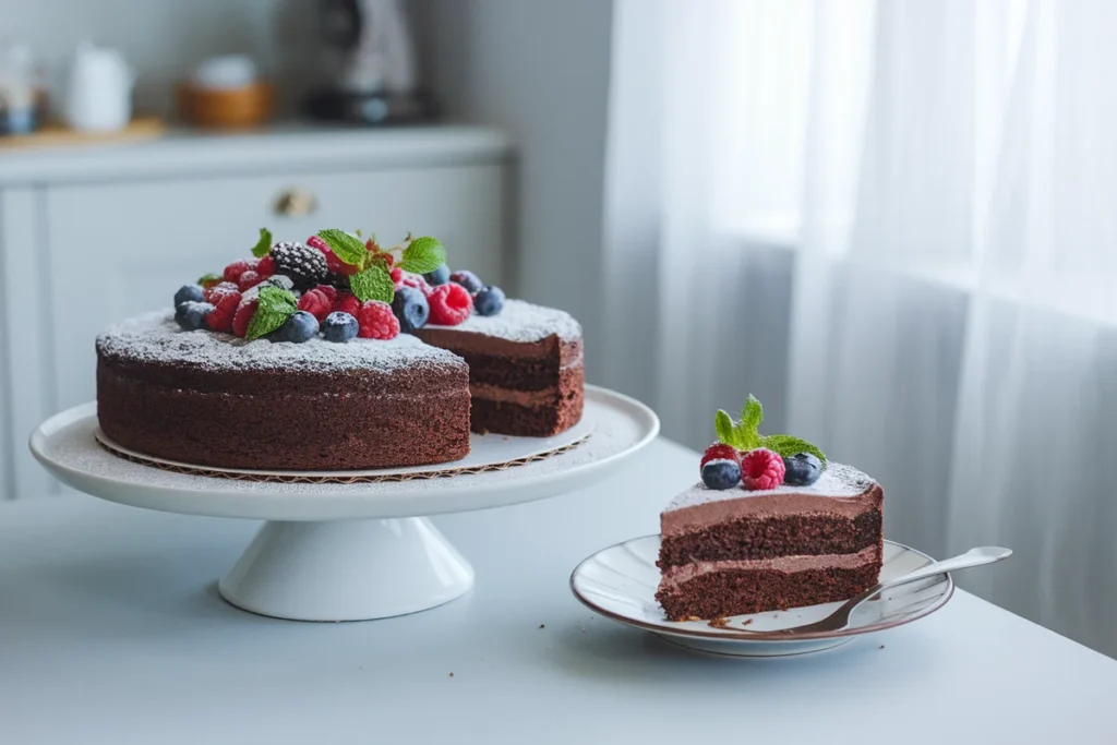 A beautifully decorated gluten-free chocolate cake on a white cake stand, garnished with fresh berries, powdered sugar, and mint, with a slice cut to show the moist texture.