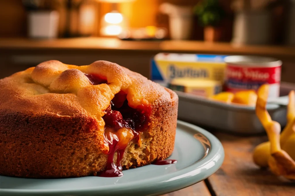 Close-up of a freshly baked dump cake with a golden-brown top and gooey fruit filling, set in a rustic kitchen with ingredients like butter, cake mix, and canned fruit nearby.