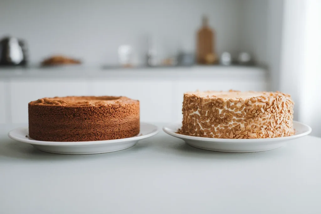 Side-by-side comparison of a gluten-free cake and a traditional cake on white plates, showing differences in texture with a modern kitchen countertop background.