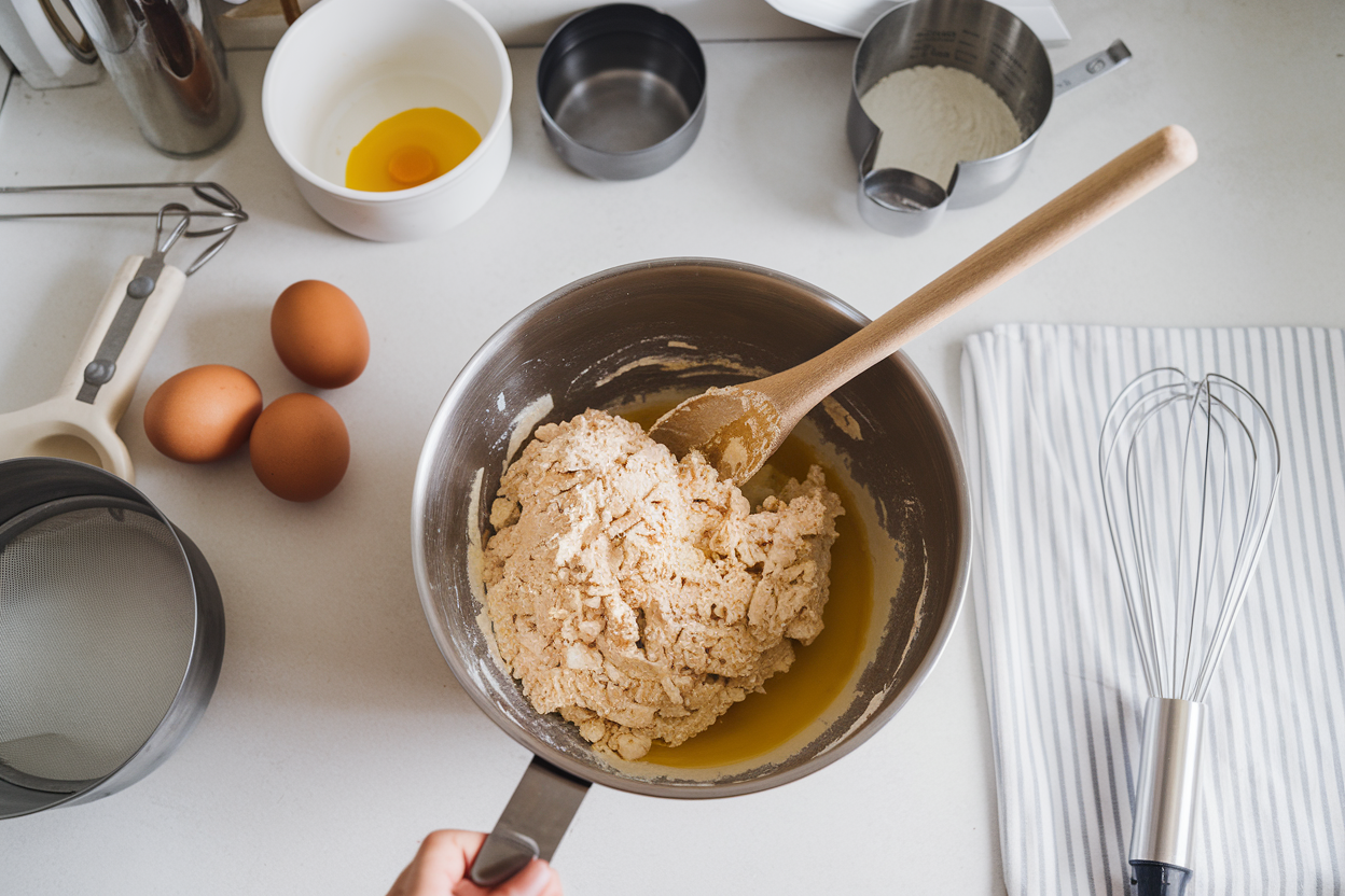 Top view of a mixing bowl with gluten-free cake mix being blended by a wooden spoon, surrounded by eggs, oil, and baking tools on a clean kitchen counter.