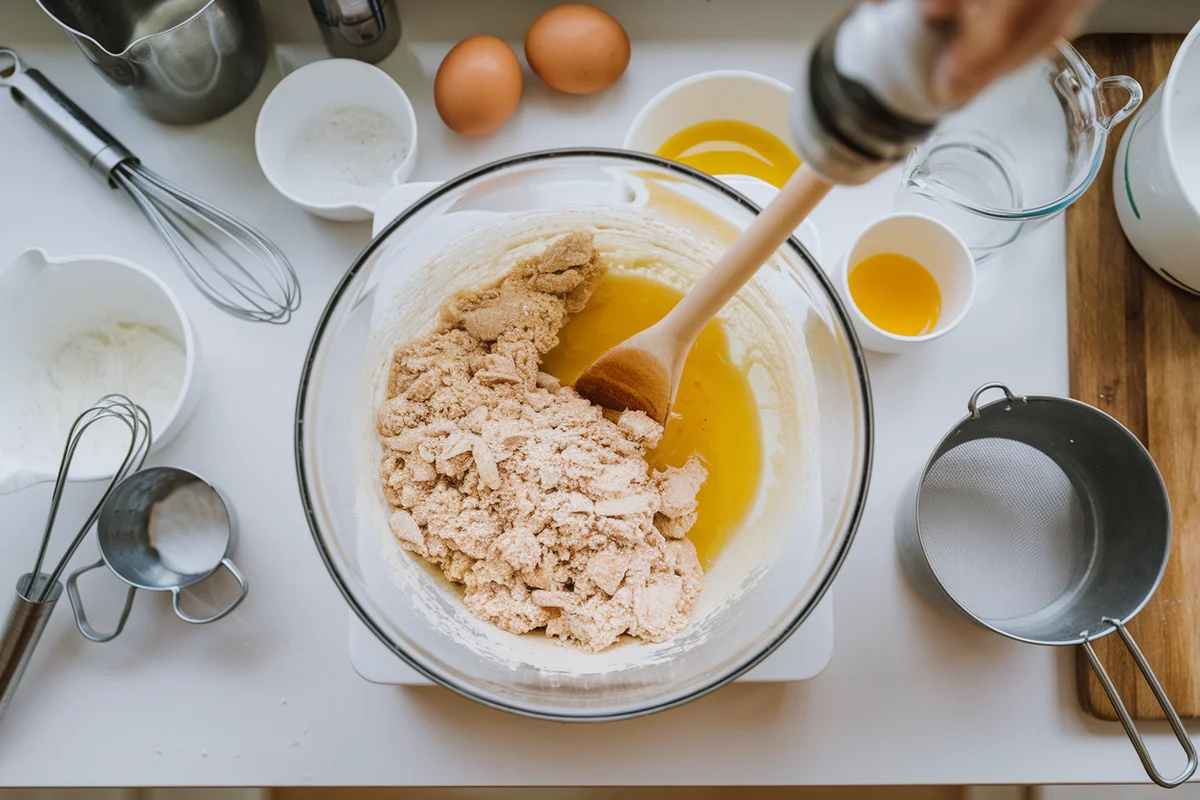 Overhead view of a bowl with gluten-free cake mix being stirred by a wooden spoon on a clean kitchen countertop, surrounded by baking tools and ingredients.