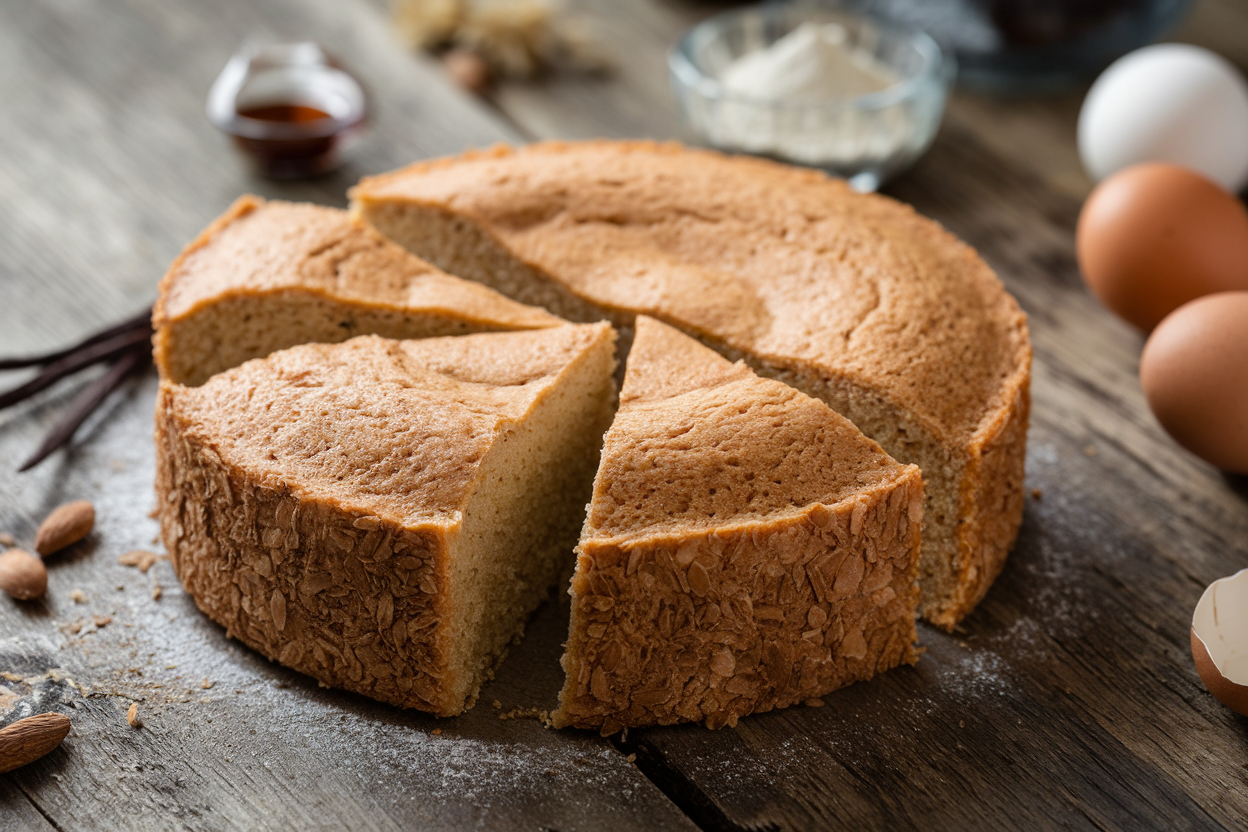 Close-up of a freshly baked gluten-free cake sliced open, revealing a light brown, slightly crumbly texture, with ingredients like almond flour, eggs, and vanilla extract scattered on a rustic wooden table.