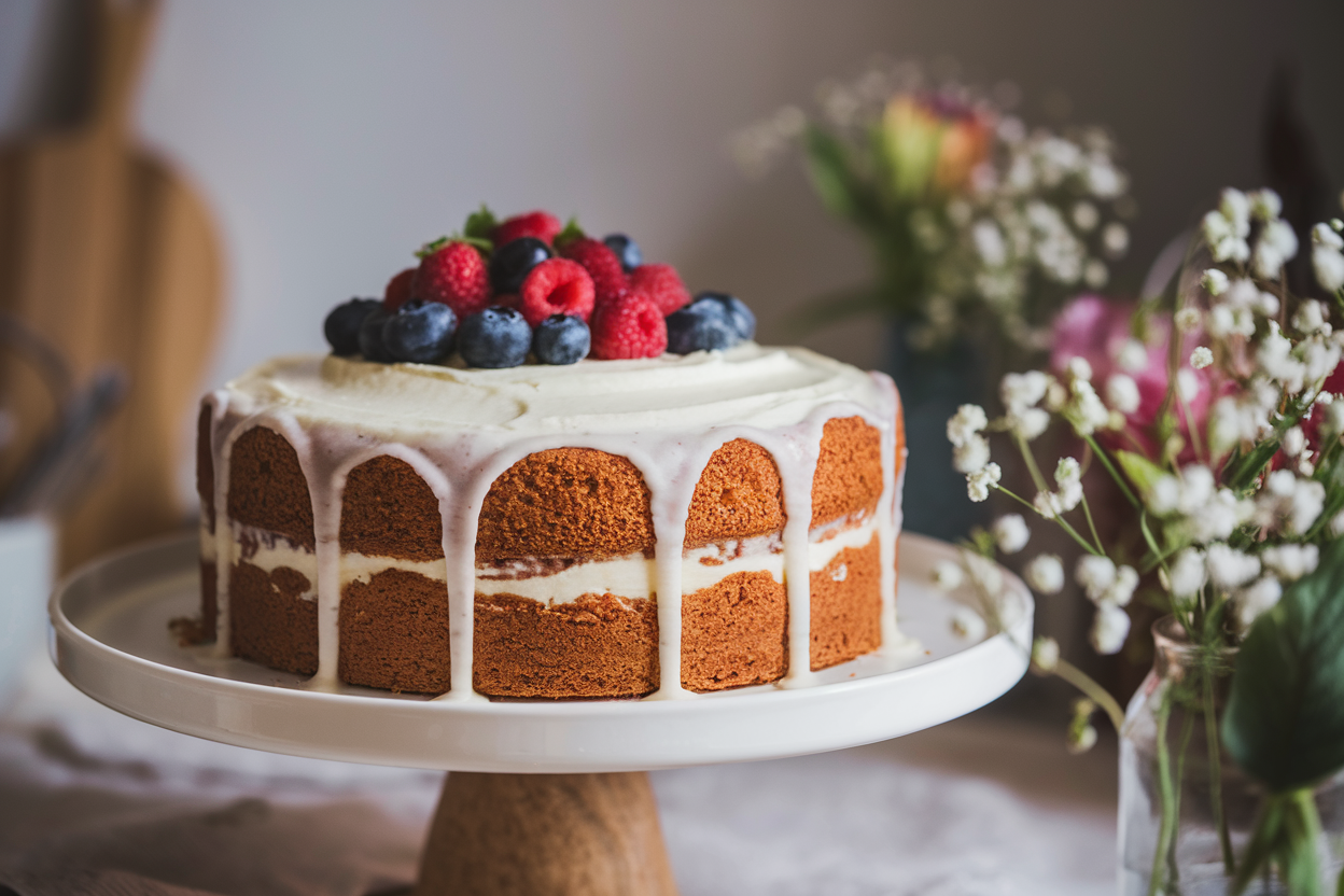 Beautifully presented gluten-free cake on a white cake stand, frosted with creamy icing and garnished with fresh berries, in a cozy kitchen setting.