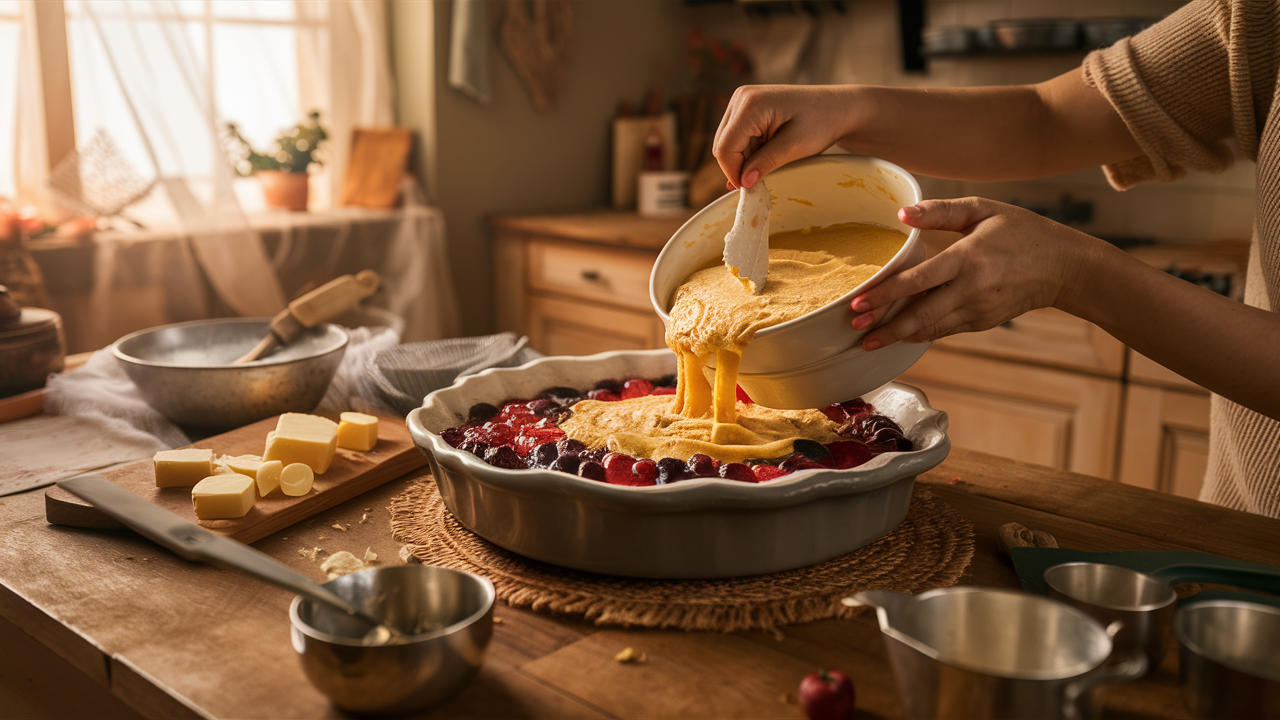 Hands pouring cake mix over fruit in a baking dish, surrounded by butter slices, a spatula, and measuring cups in a cozy, rustic kitchen.