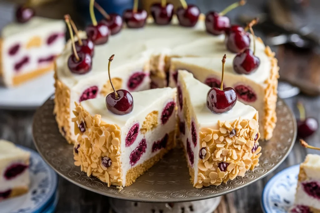 Close-up of a freshly baked cherry chip cake with creamy frosting and cherry garnish, sliced and served on a decorative cake stand.