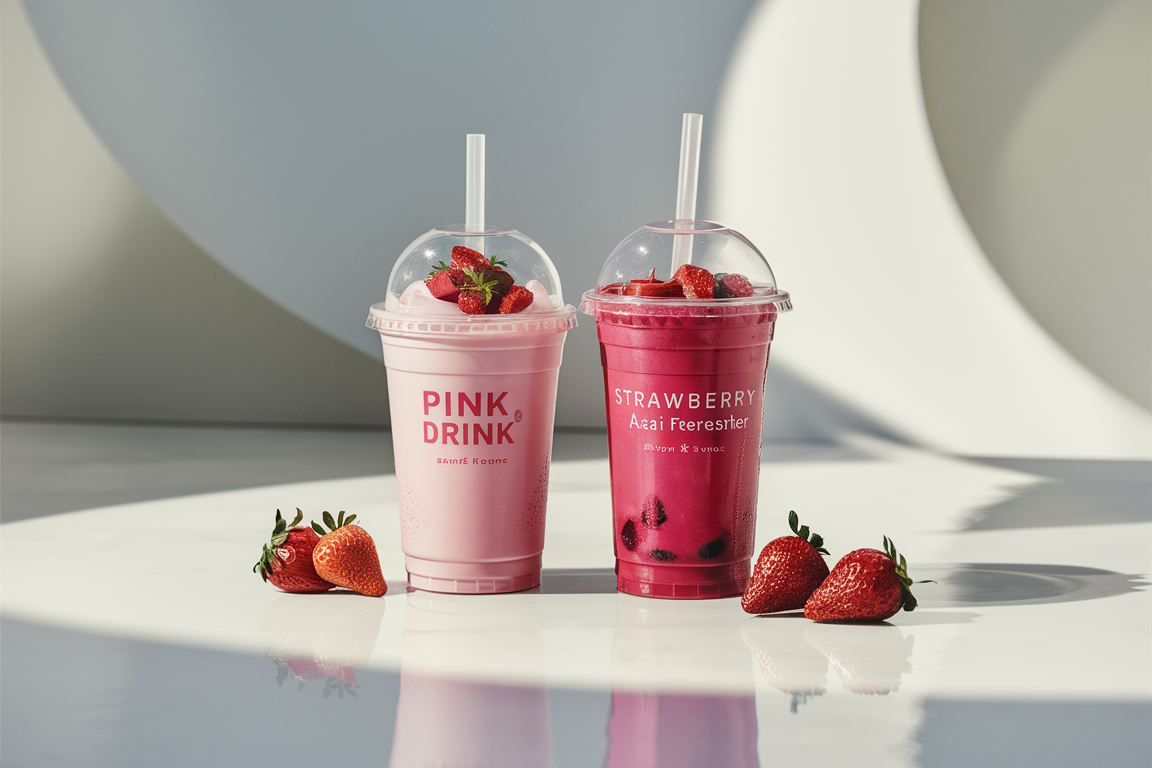 Two popular beverages side by side on a clean, white surface: a creamy Pink Drink with freeze-dried strawberries on the left, and a clear, bright pink-red Strawberry Acai Refresher on the right.