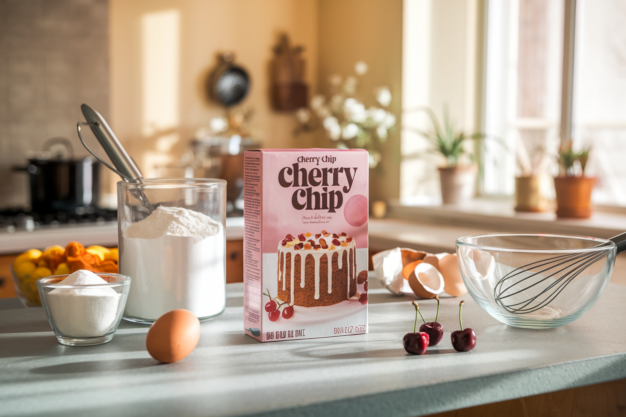 Kitchen scene with a box of cherry chip cake mix on a countertop surrounded by baking ingredients like flour, sugar, eggs, and a mixing bowl.