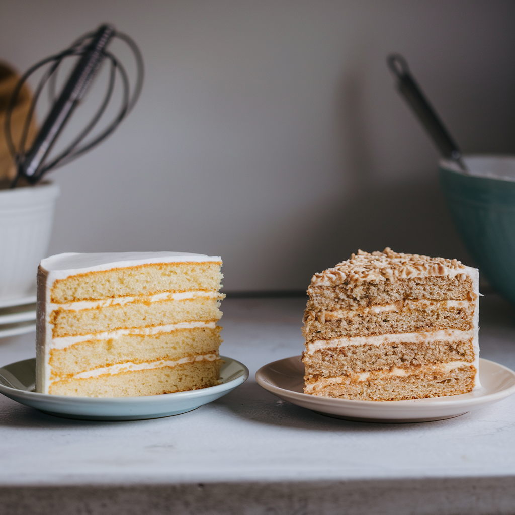 Side-by-side comparison of a light and fluffy traditional cake slice with a denser, crumbly gluten-free cake slice on white plates.