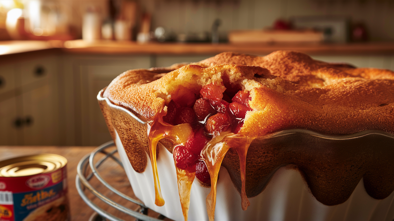 Close-up of a freshly baked dump cake with a golden-brown top and gooey fruit filling oozing from the edges, set in a rustic kitchen with baking ingredients nearby.