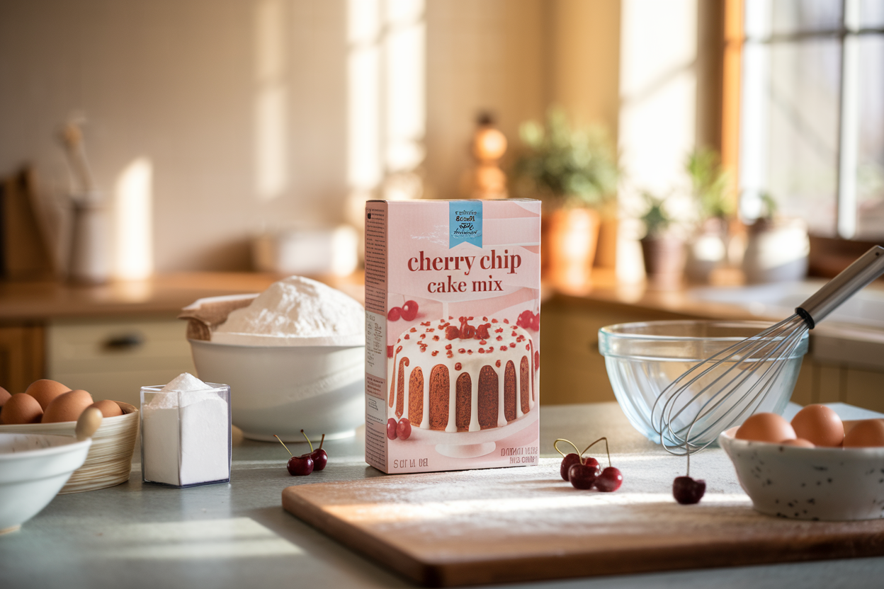 Kitchen scene with a box of cherry chip cake mix on a countertop surrounded by baking ingredients like flour, sugar, eggs, and a mixing bowl.