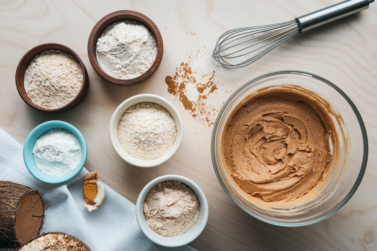 Overhead shot of a baking scene with various gluten-free flours in small bowls, a whisk, and a mixing bowl with cake batter on a light wooden surface.