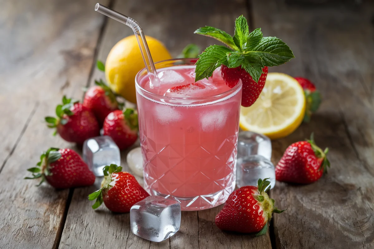 Refreshing pink drink with fresh strawberries and mint.