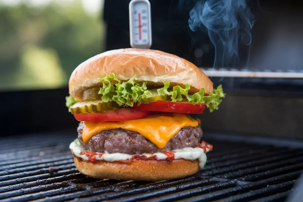 Checking hamburger internal temperature with a meat thermometer on a grill.