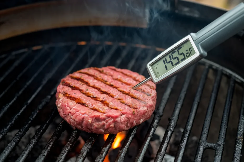 Burger on grill with thermometer showing 145°F