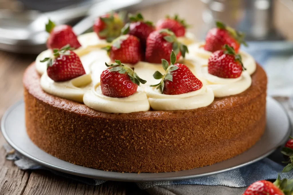 Homemade-style boxed cake with vanilla frosting and strawberries.