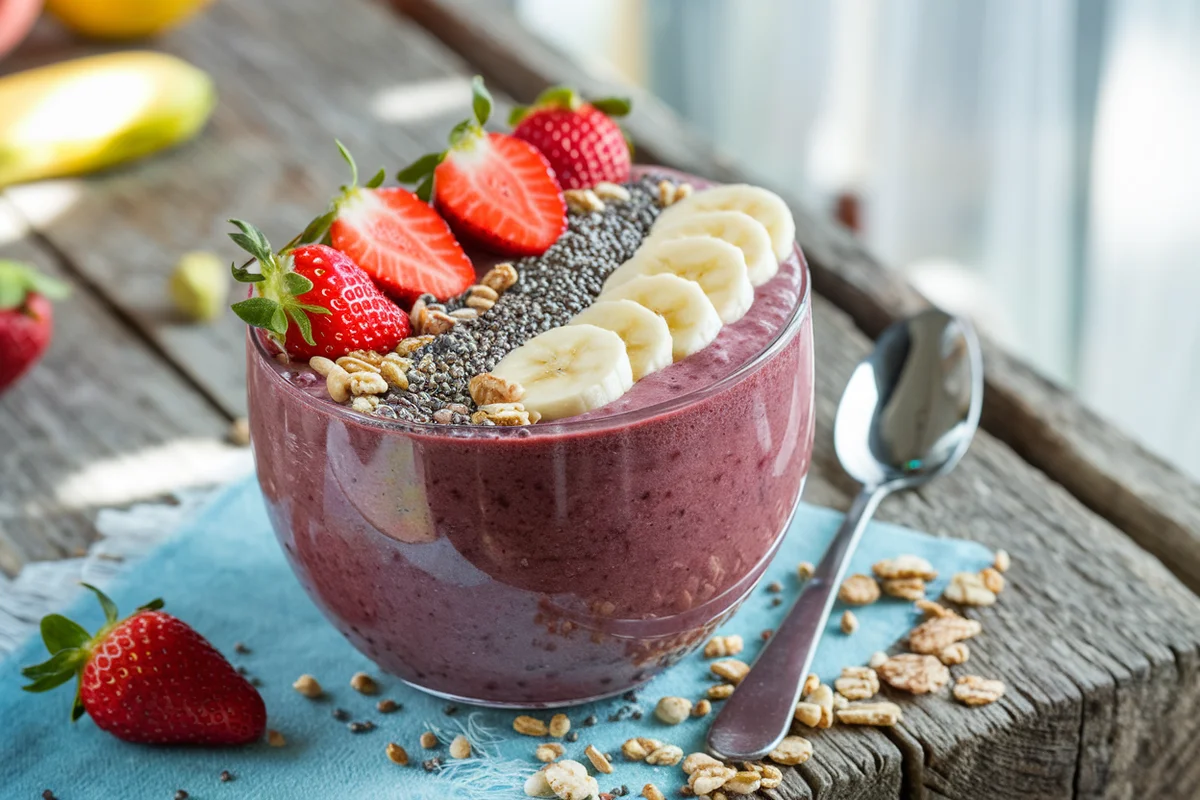 A colorful Strawberry Acai Bowl topped with fresh fruits and chia seeds.