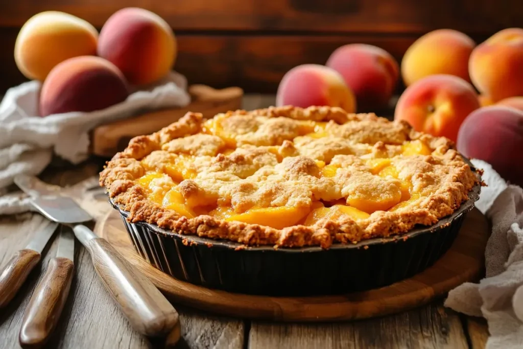 A peach cobbler with a golden-brown crust, fresh peaches, and baking utensils on a rustic wooden countertop.