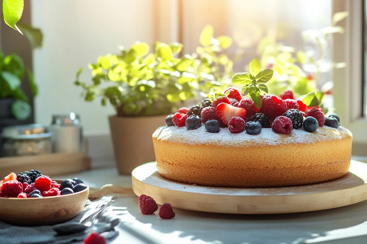 Sugar-free cake with berries and alternative sweeteners in a kitchen setting