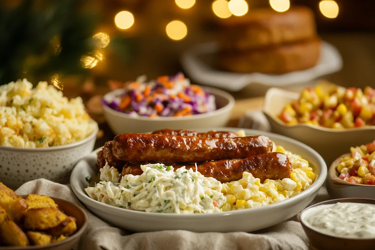 A plate of Beanie Weenies surrounded by side dishes like coleslaw, cornbread, and potato salad on a cozy dining table.