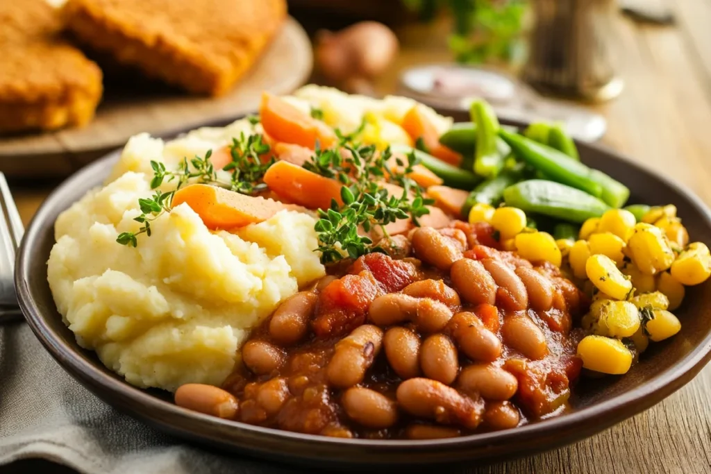 Plate of beans and weenies with mashed potatoes, cornbread, and vegetables.