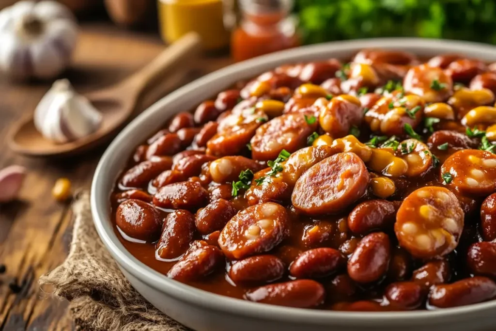 Homemade Beanie Weenies with hot dogs in a rustic kitchen setting