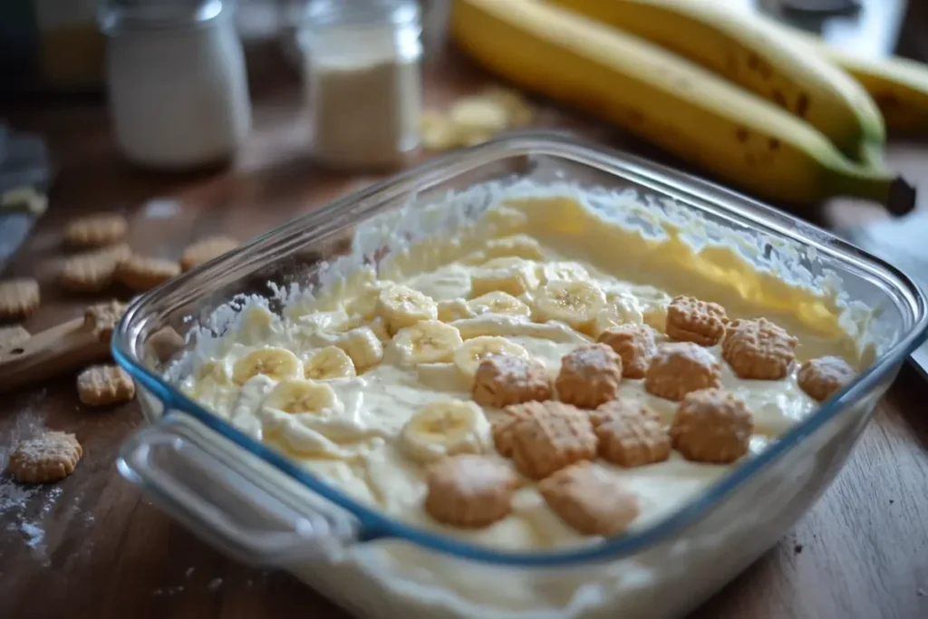 Layering Paula Deen's banana pudding with bananas and Chessmen cookies