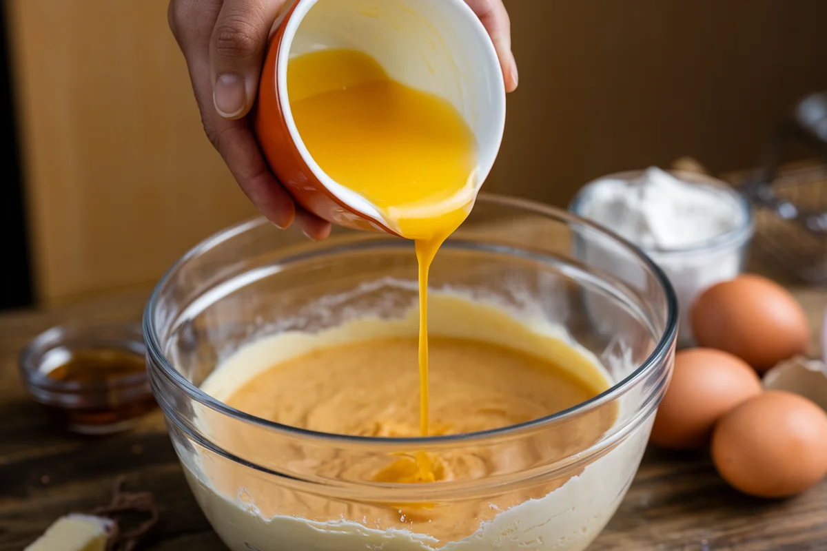 Pouring melted butter into cake mix batter in a bowl.