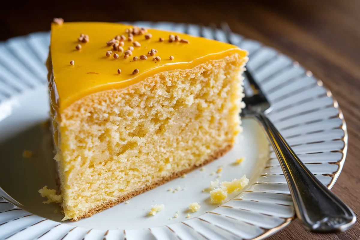 Gluten-free yellow cake slice on a white plate with a fork on a wooden table.