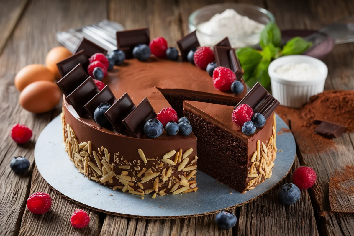 Gluten-free chocolate cake with a slice cut out on a wooden table.