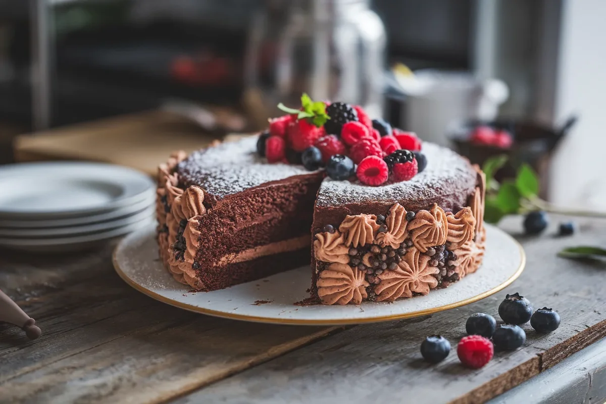 Moist gluten-free chocolate cake with a slice cut out, showing rich texture.