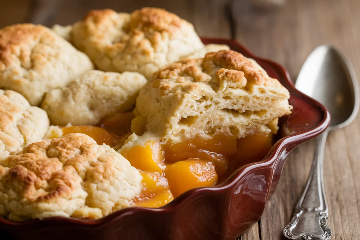 Peach cobbler with golden-brown biscuit topping in a rustic dish.