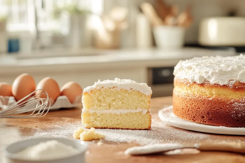 Betty Crocker Lower Sugar Yellow Cake Mix with ingredients on a kitchen counter and a baked cake in the background.