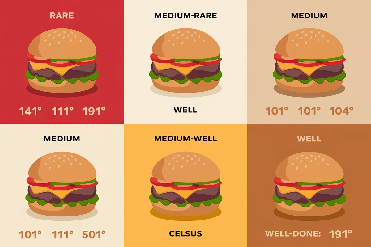 Burger temperature chart showing internal temperatures for rare to well-done burgers.