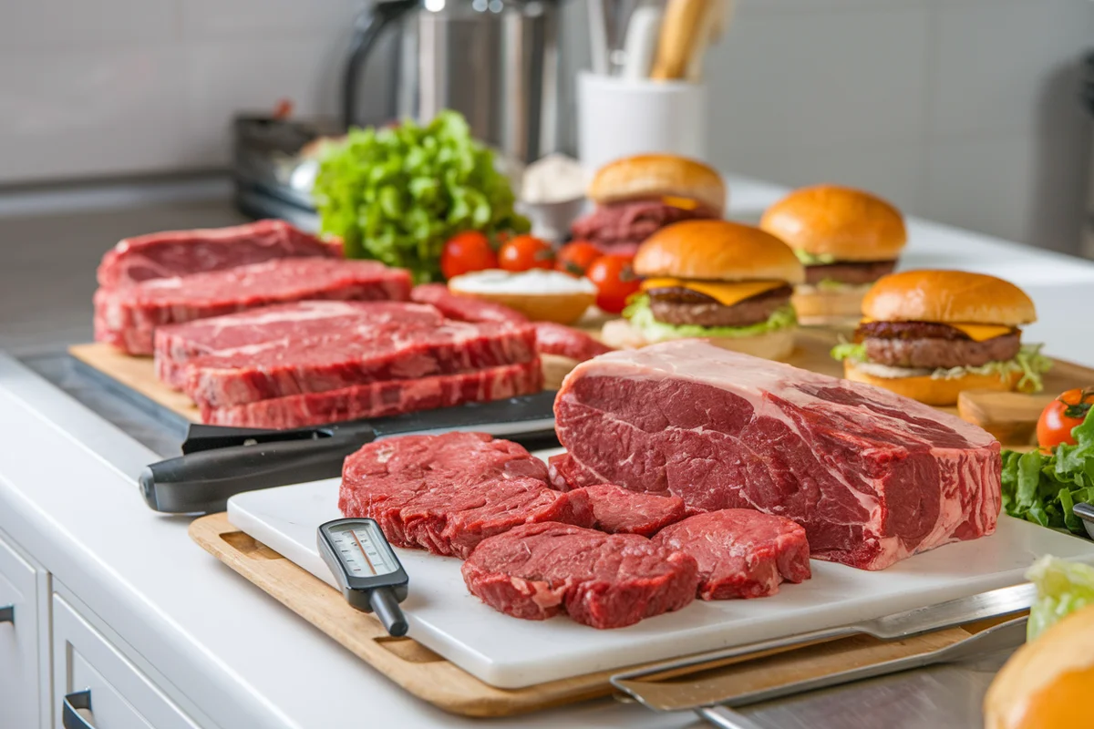 High-quality raw beef and ingredients for burgers