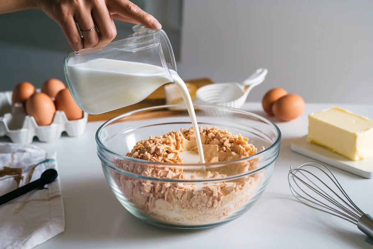 Adding milk to cake mix to enhance boxed cake flavor.