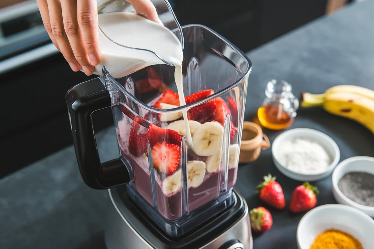 Pouring almond milk into a blender with Acai puree and strawberries.