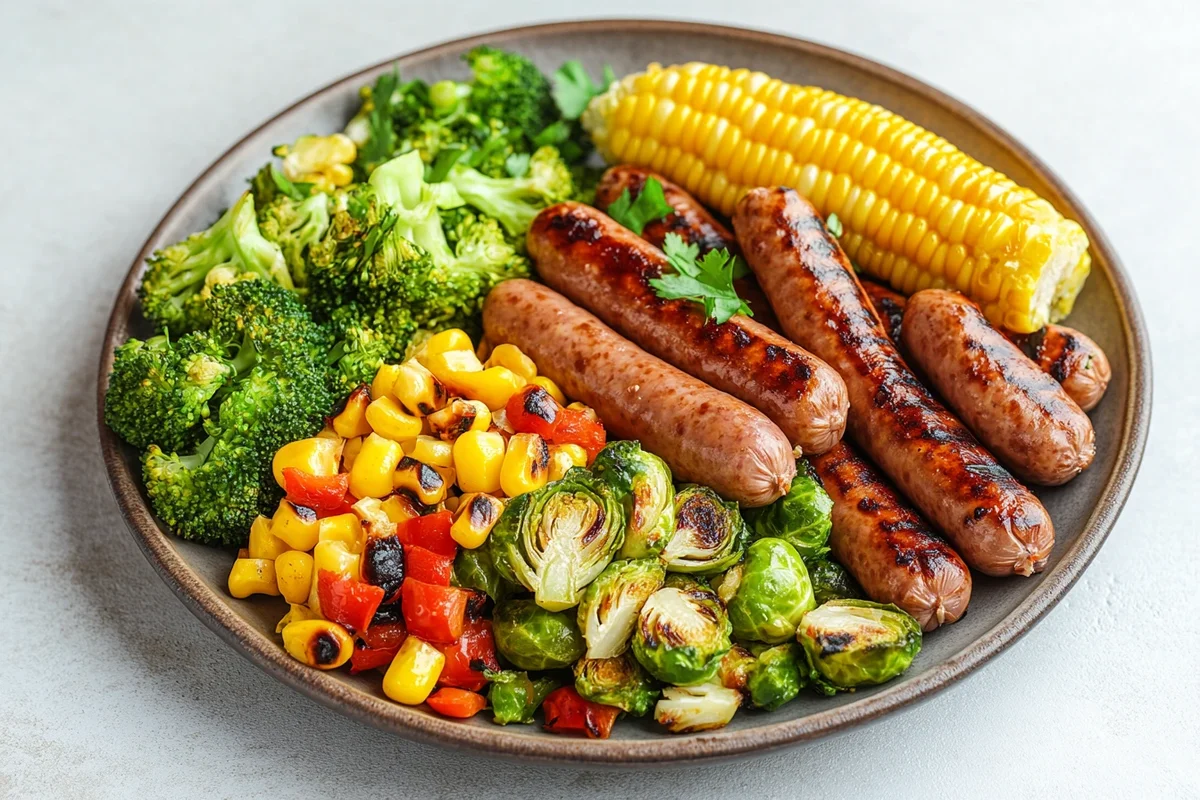 Beans and weenies with healthy vegetable sides, including steamed broccoli, roasted Brussels sprouts, and grilled corn.