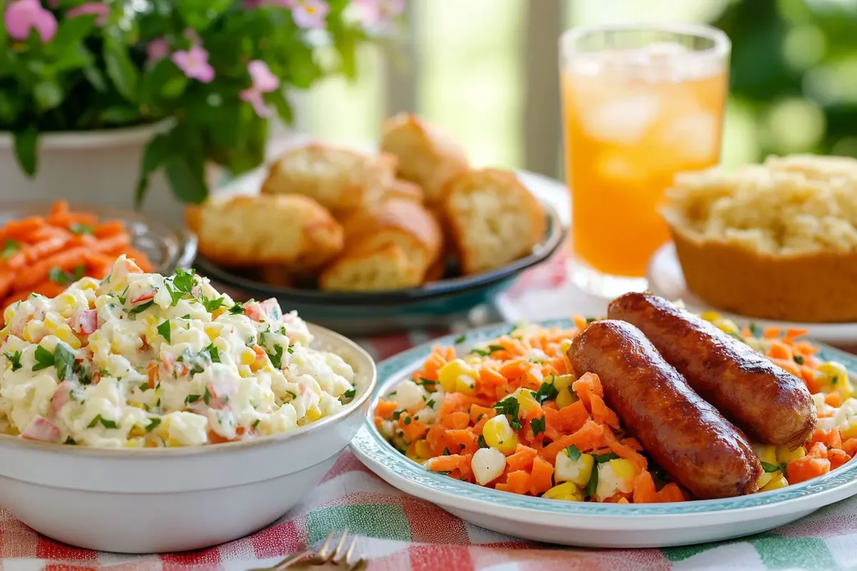 Beanie Weenies served with potato salad, carrot salad, and cornbread