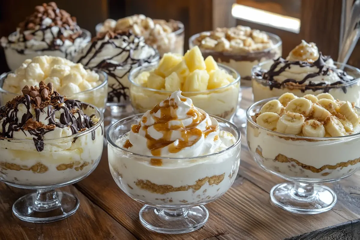 Variations of Paula Deen's banana pudding with chocolate, peanut butter, and tropical toppings