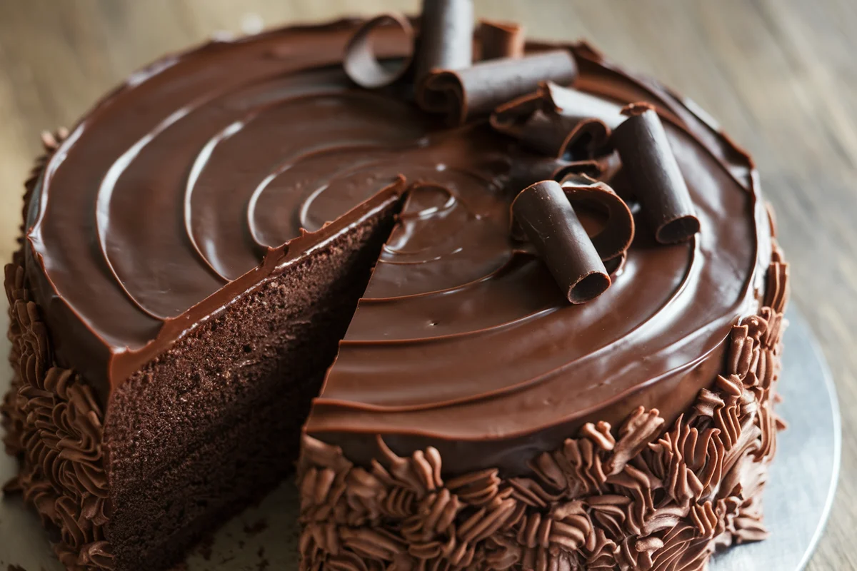 Gluten-free chocolate cake with smooth frosting and chocolate curls.