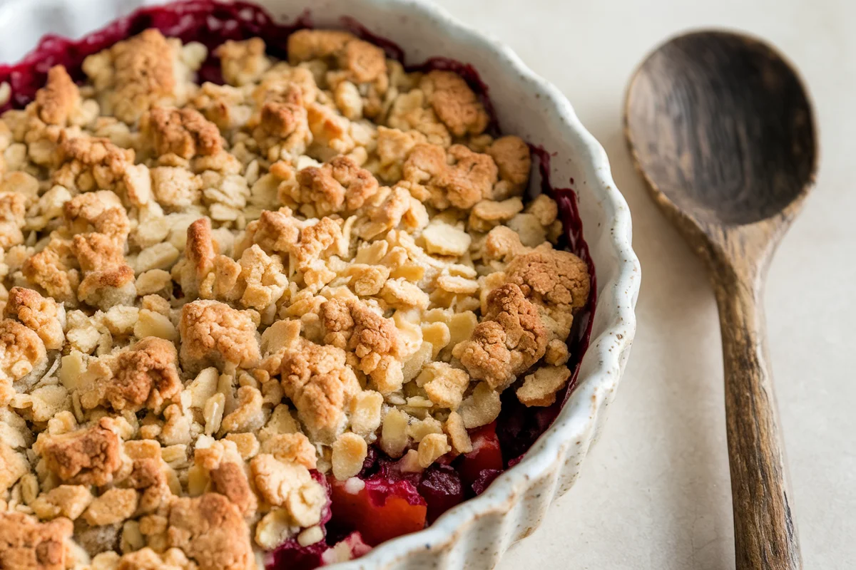 Crumble with a golden, crispy topping in a shallow ceramic dish.