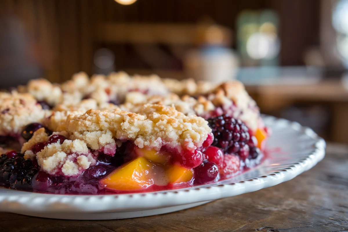 Close-up of a serving of fruit cobbler with a crumbly topping and vibrant fruit filling.