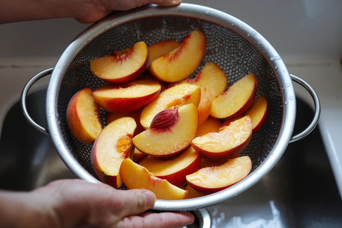 Hands draining sliced peaches in a colander over a sink.