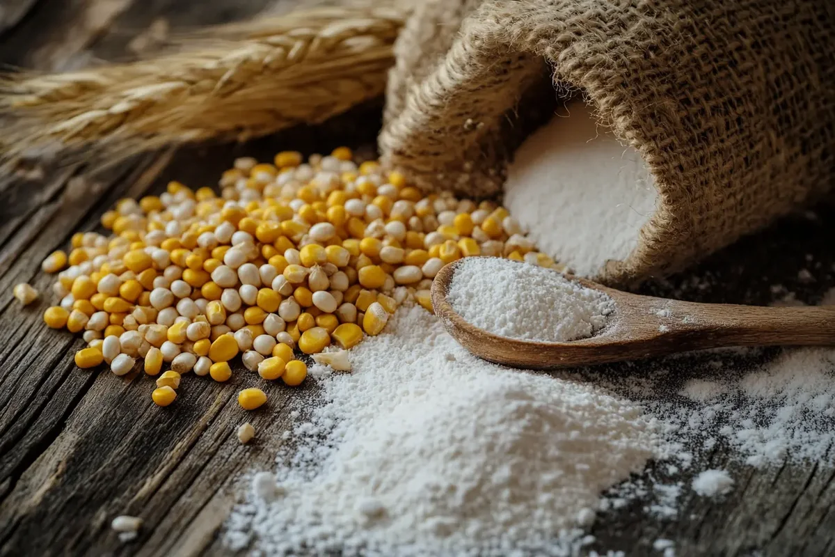 Soluble corn fiber, inulin powder, and wheat flour on a wooden surface with reduced sugar.