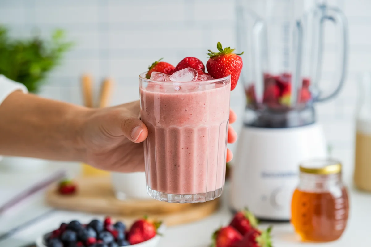 Hand holding a glass of fresh strawberry smoothie.