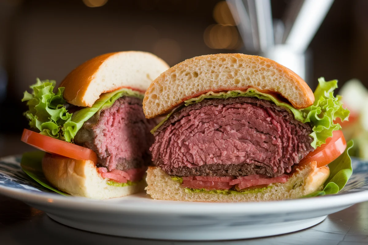 Sliced medium-rare hamburger showing juicy interior and pink center.