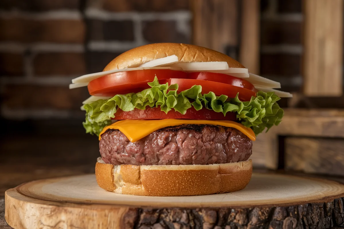 Medium-rare burger with fresh toppings being assembled