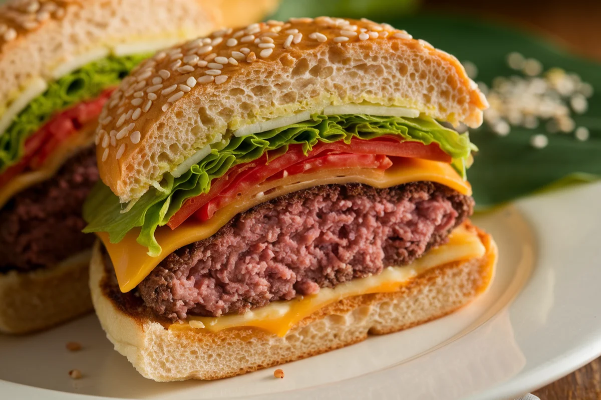 Juicy burger cut in half showing fully cooked interior.