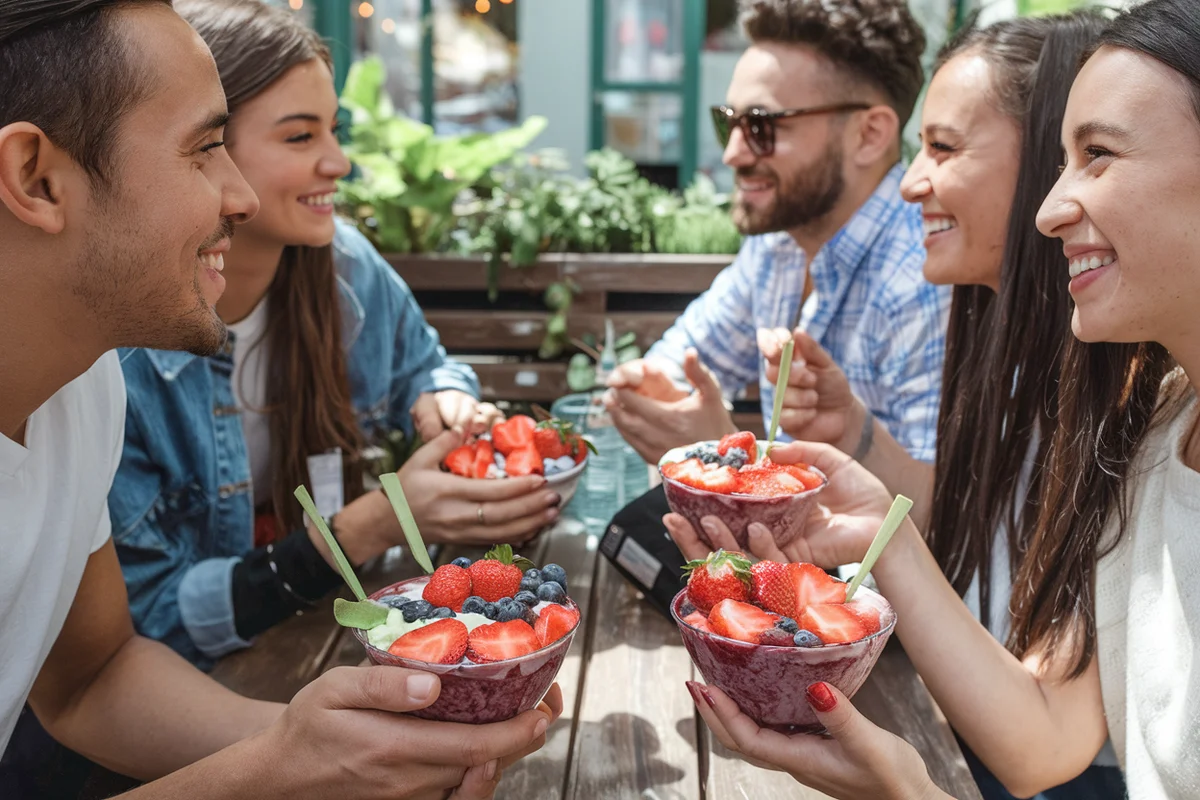 Friends enjoying Strawberry Acai Bowls outdoors at a café.